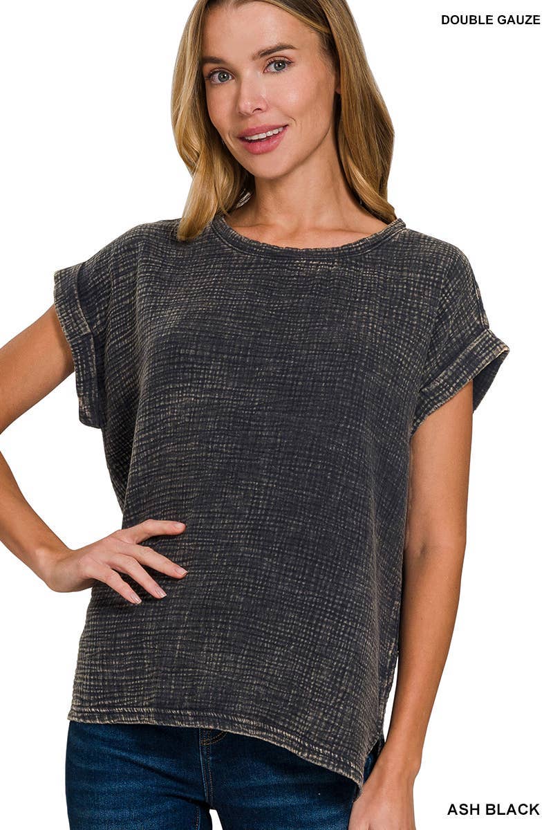 Woven Double Gauze Acid Washed Short Sleeve Top