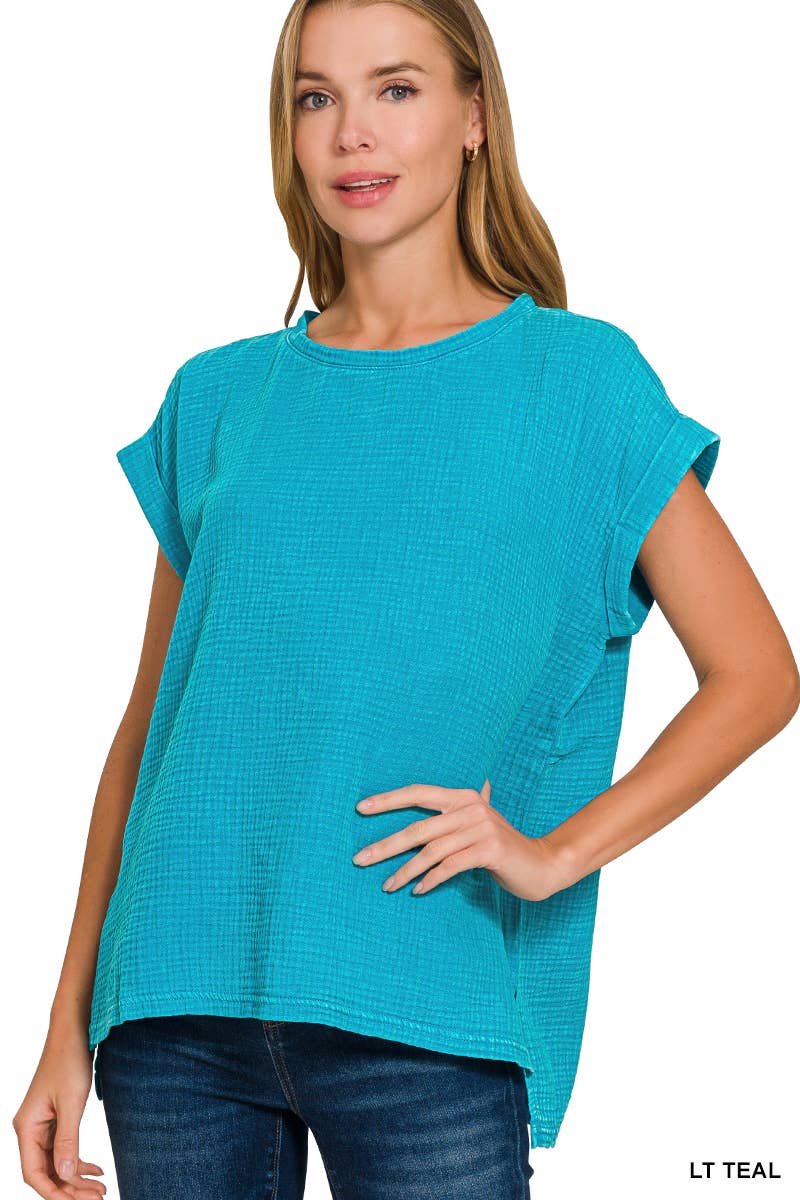 Woven Double Gauze Acid Washed Short Sleeve Top