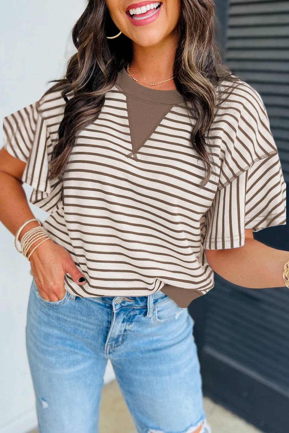Bright Green Contrast Detail Striped Ruffle Short Sleeve Top