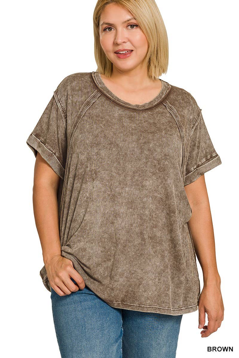 Plus Washed Ribbed Cuffed Short Sleeve R-neck Top