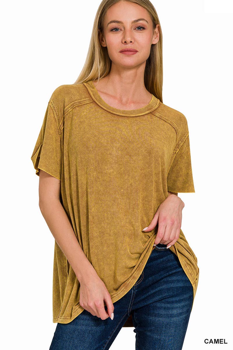 Washed Ribbed Short Sleeve Boat-neck Top