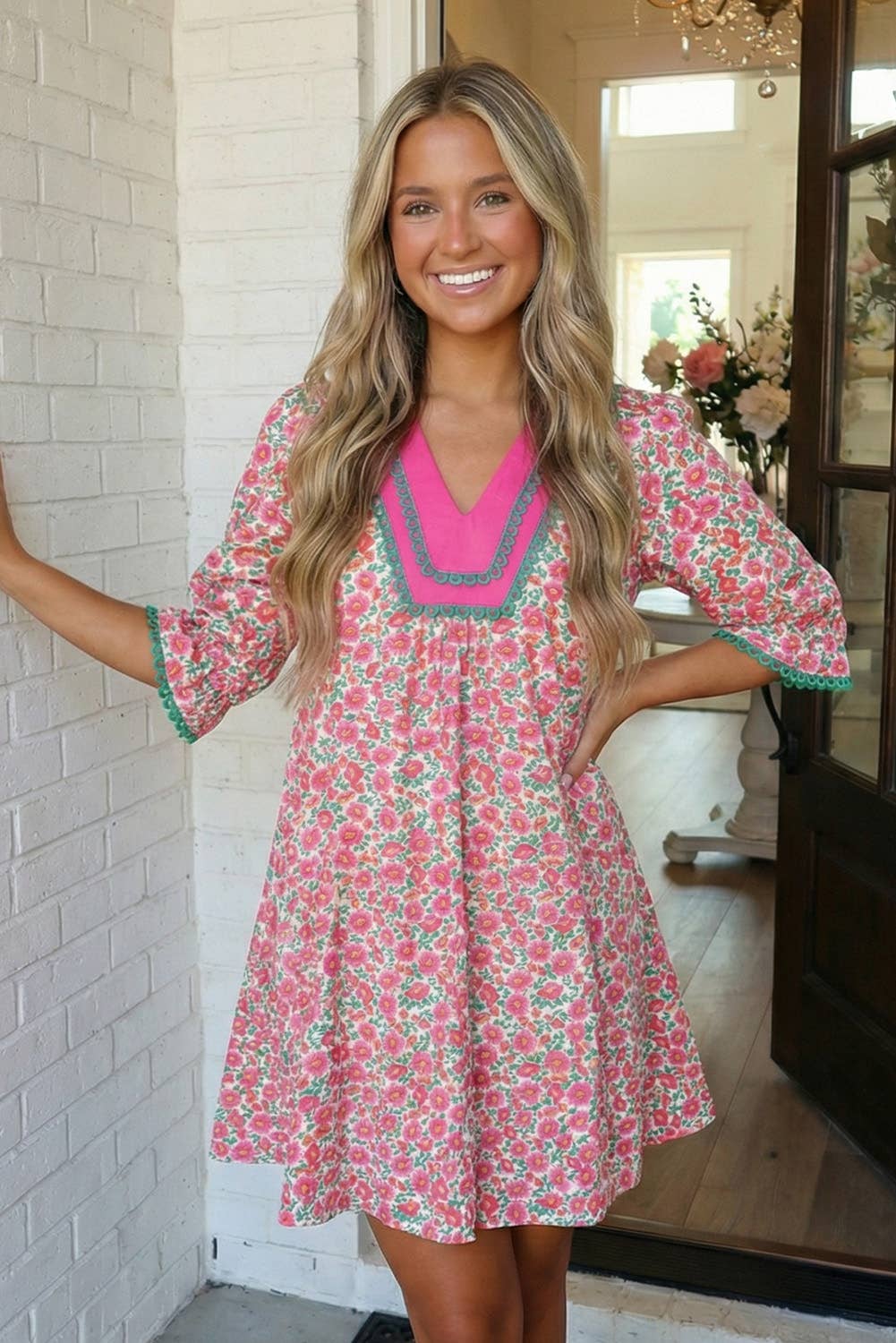 LAS Floral Print Patchwork Bubble Sleeve Mini Dress (S-XL)