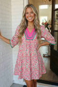 LAS Floral Print Patchwork Bubble Sleeve Mini Dress (S-XL)