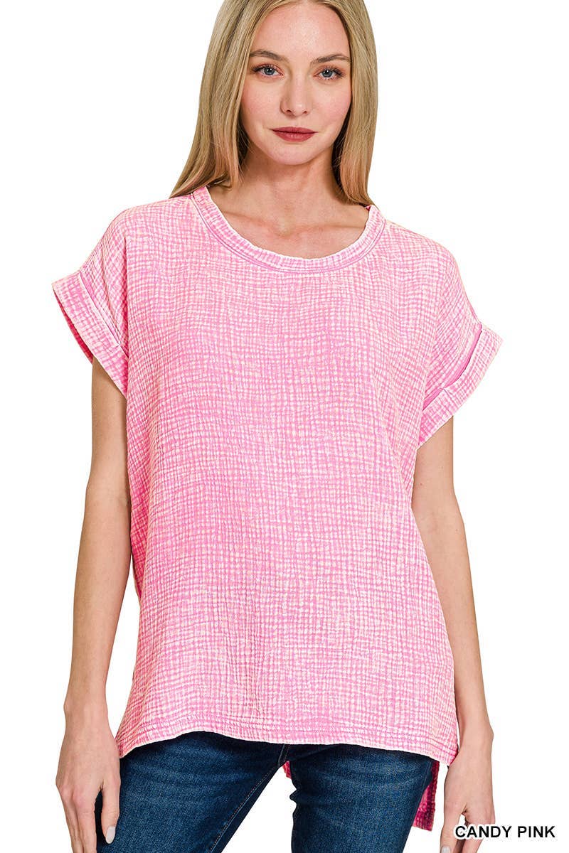 Woven Double Gauze Acid Washed Short Sleeve Top