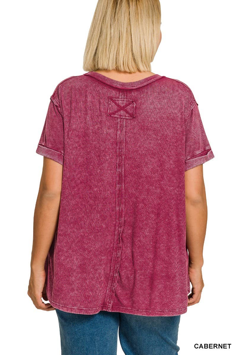 Plus Washed Ribbed Cuffed Short Sleeve R-neck Top