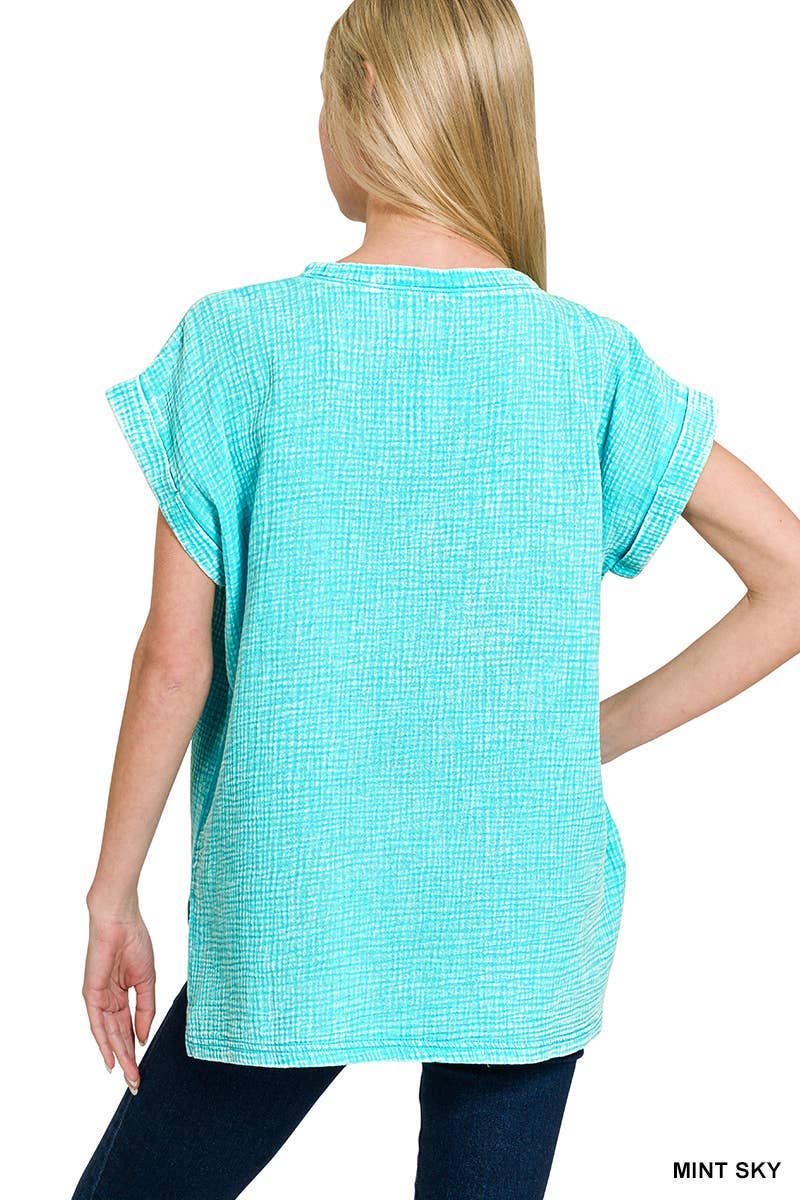 Woven Double Gauze Acid Washed Short Sleeve Top