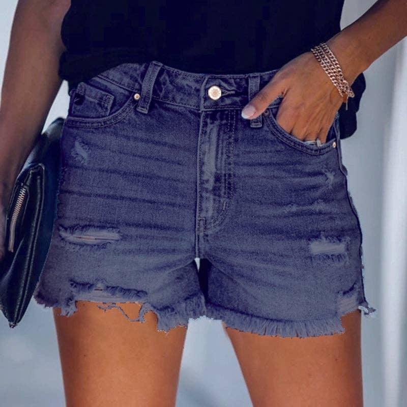 High-Waisted Ripped Stretch Denim Shorts for Summer